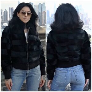 Mark Kaufman Black Sheared Rex Bomber Jacket Black Fox Collar Knit Trim Size S
